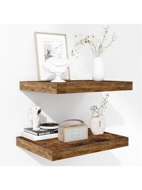 Fun Memories Floating Shelves - 2 Pack 12 Inch Deep Rustic Wooden Wall Shelves